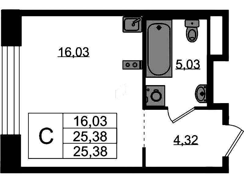 Квартира студия 25.38 м², 2/5 эт., ЖК «Plus Пулковский»